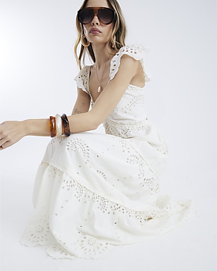 Cream Sleeveless V-neck Broderie Midi Dress