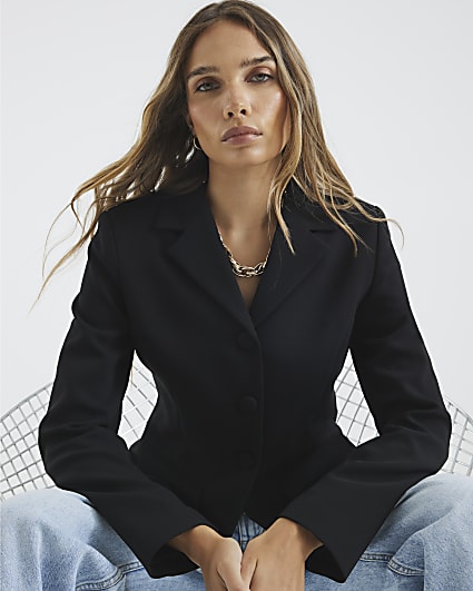 Black High Neck Fitted Blazer