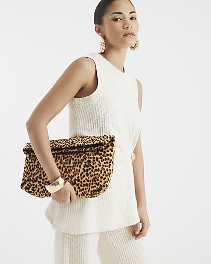 Brown Animal Print Leather Clutch Bag