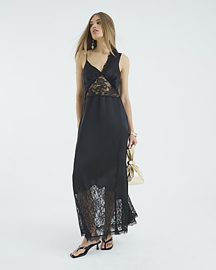 Black Premium Lace Satin Maxi Dress