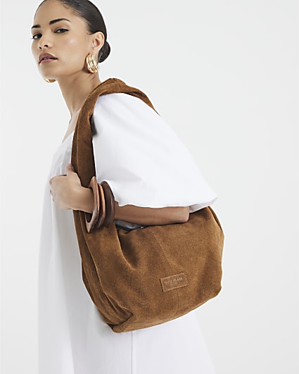 Brown Suede Twist Shoulder Bag