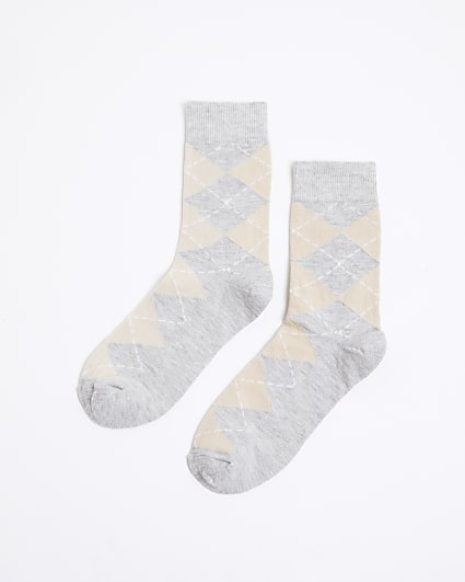 Grey Argyle Check Ankle Socks