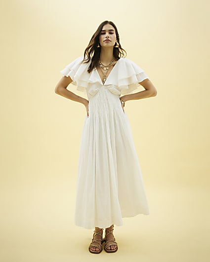 White Short Flutter Sleeve Shirred Midi Dress