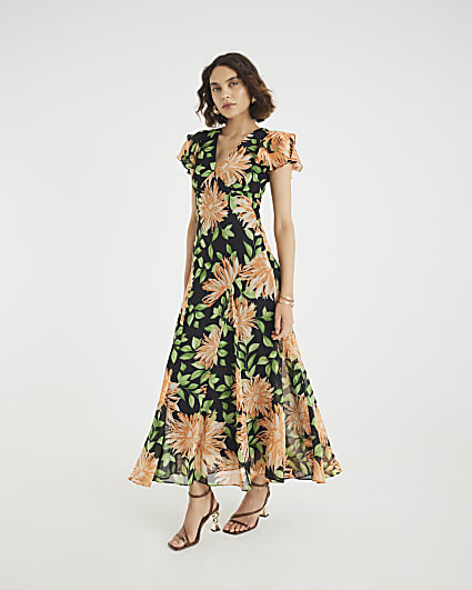 Black Floral Flutter Sleeve Midi Dress