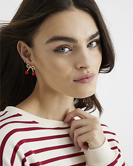 Red Cherry Bow Stud Earrings