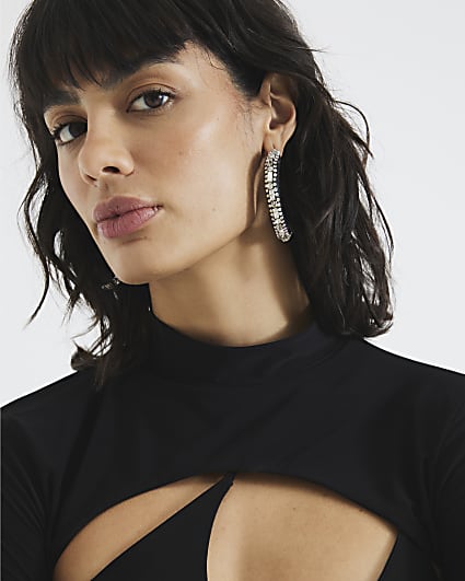 Black Thread Diamante Hoop Earrings