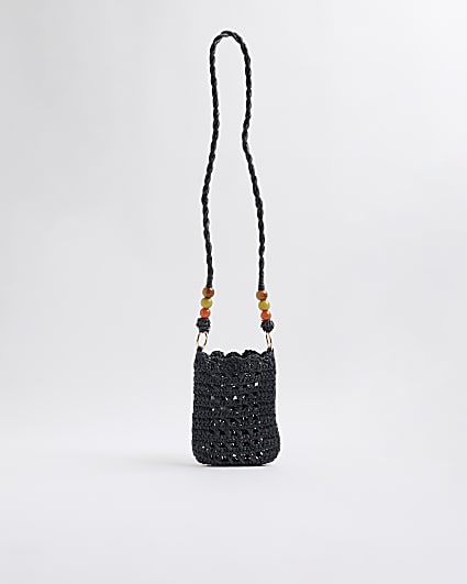 Black Raffia Beaded Cross Body Phone Pouch