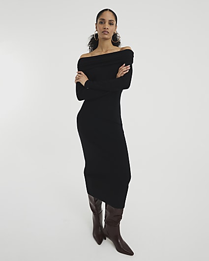 Black Long Sleeve Bardot Midi Dress