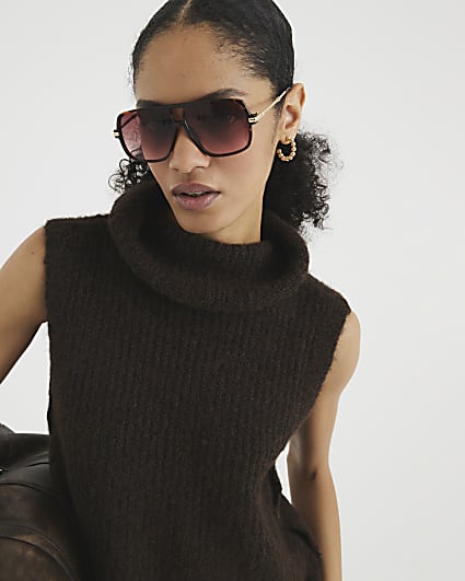 Brown Polo Neck Knitted Tank Top