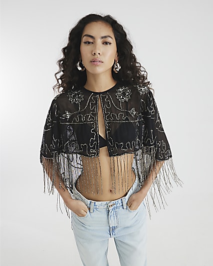 Black Sleeveless Beaded Fringe Cape Top