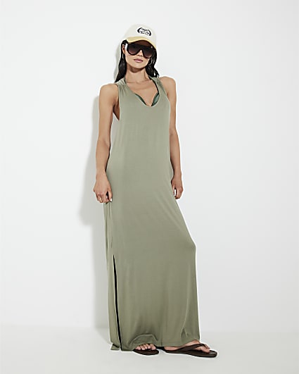 Khaki Twist Back Jersey Maxi Beach Dress