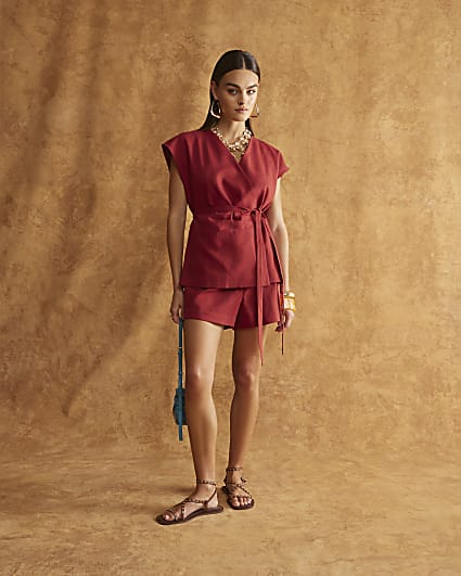 Red Off Shoulder Wrap Tie Tunic Top