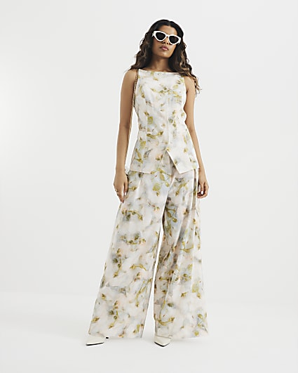 Petite Grey Floral Wide Leg Trousers