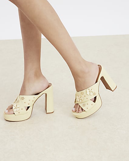 Yellow Flower Cross Strap Platform Mule Heels
