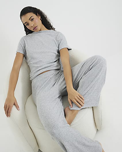 Grey Ribbed Tunic and Wide Leg Trousers Set