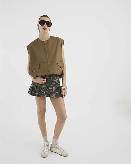 Khaki Bubble Hem Camo Denim Mini Skirt