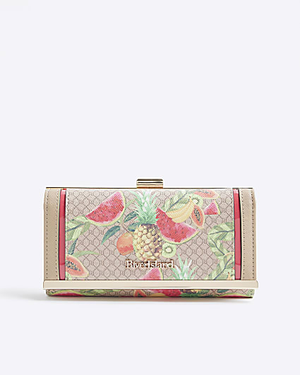 Beige Tropical Fruit Monogram Print Purse