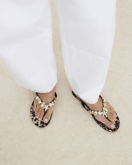 Brown Leopard Print Starfish Charm Flip Flops