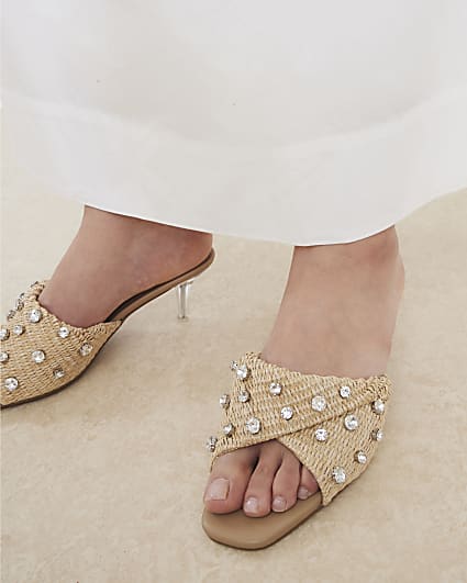 Beige Raffia Twist Heeled Mule Sandals
