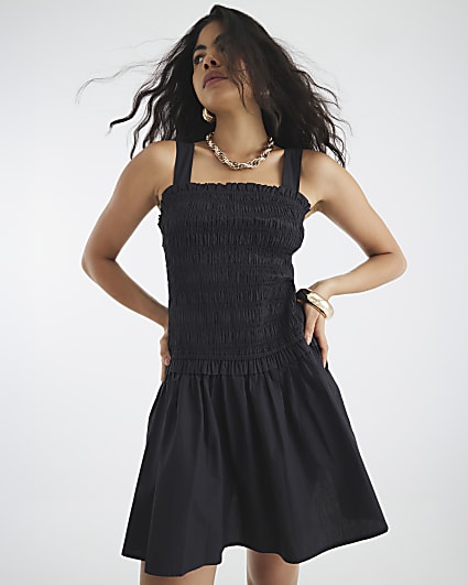 Black Shirred Mini Dress