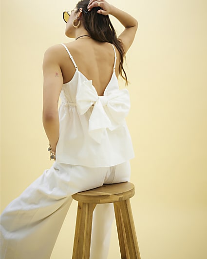 White Sleeveless Tie Back Peplum Cami Top