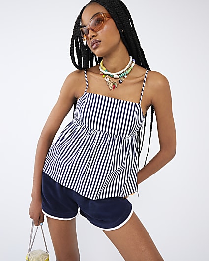 Blue Striped Tie Back Peplum Cami Top