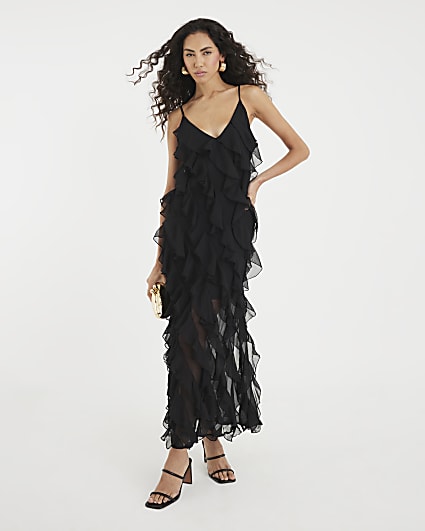 Black Sleeveless Ruffle Midi Dress
