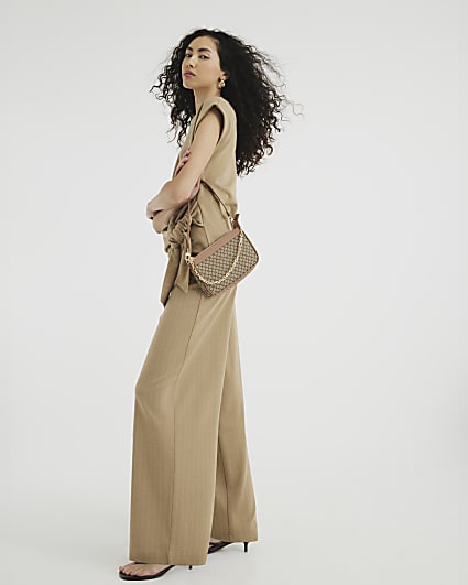 Beige Drawstring Pinstripe Trousers