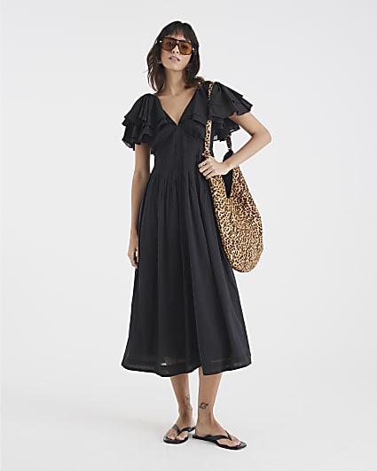 Black Premium flutter midi dress