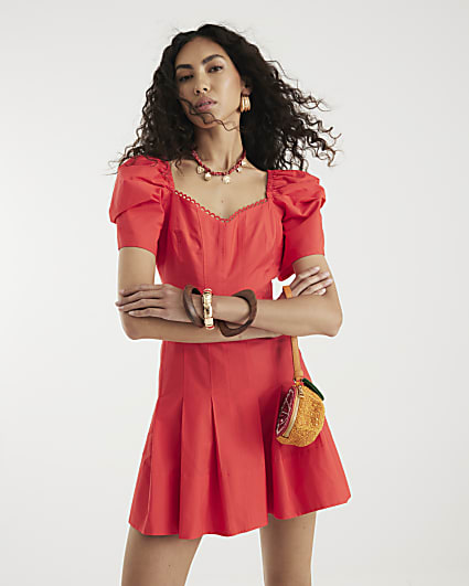 Red Puff Sleeve Skater Mini Dress