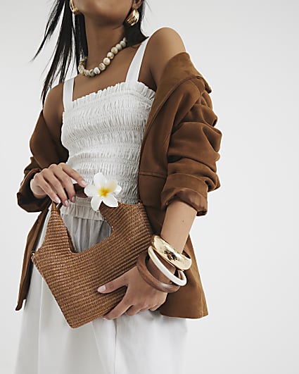 Brown Small Raffia Charm Tote Bag