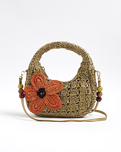 Beige Raffia Flower Shoulder Bag