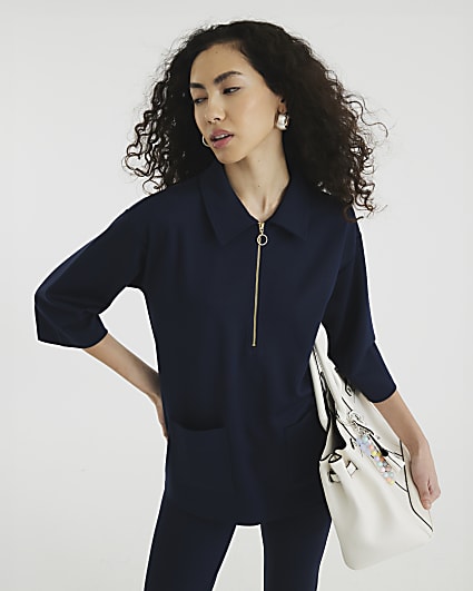 Navy Ponte Zip Collar Tunic Top