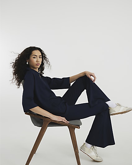 Navy Ponte Pull On Kickflare Trousers