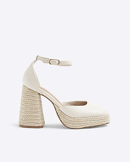Cream Raffia Platform Block Heeled Shoes