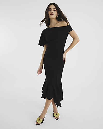 Black Drape Asymmetric Hem Midi Dress