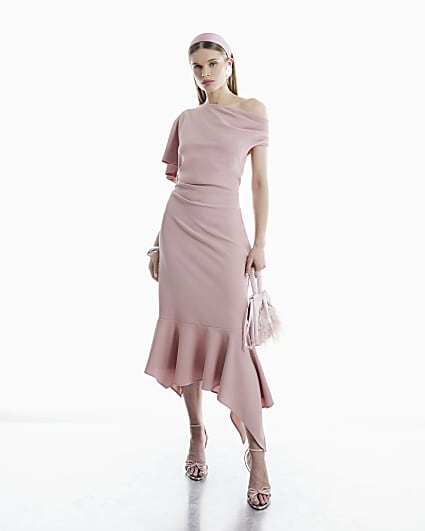 Pink Drape Asymmetric Hem Midi Dress