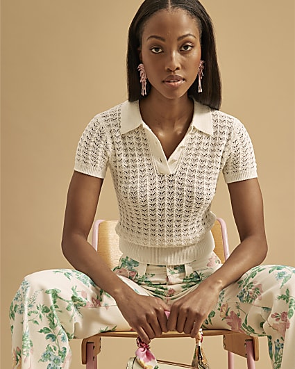 White Crochet Polo Top