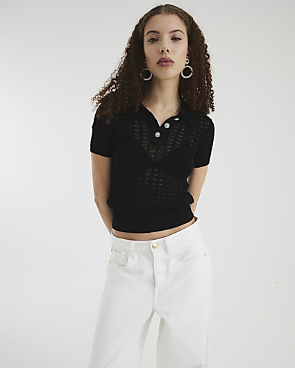 Black Diamante Trim Crochet Polo Top