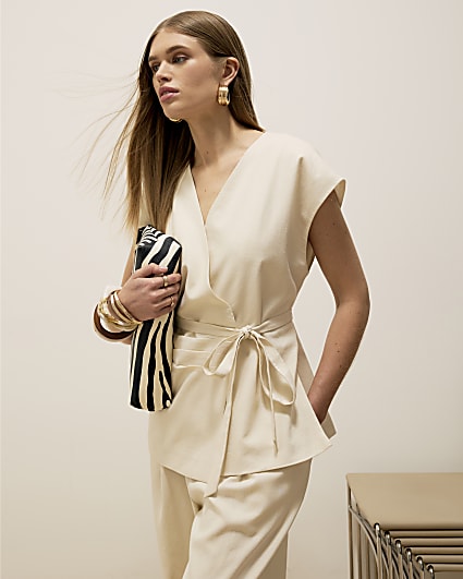 Beige Off Shoulder Wrap Tie Tunic Top