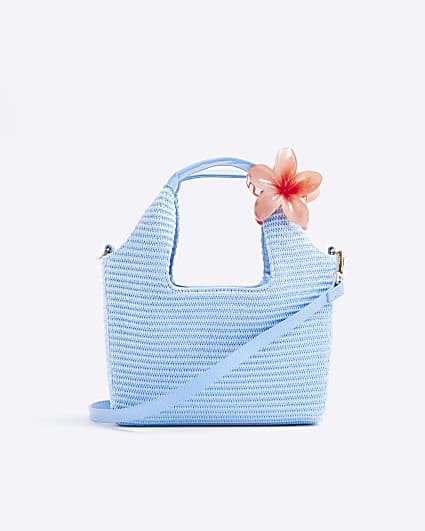 Blue Small Raffia Charm Tote Bag