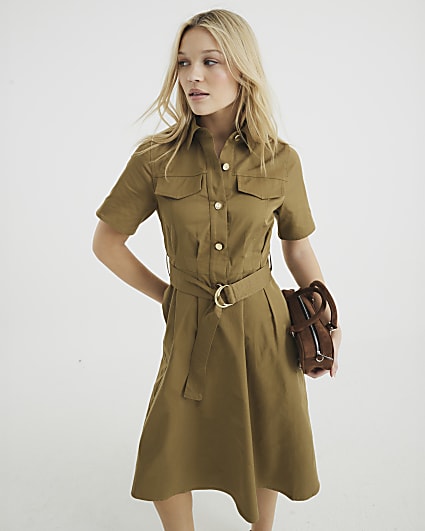 Beige Utility Belted Midi Dress