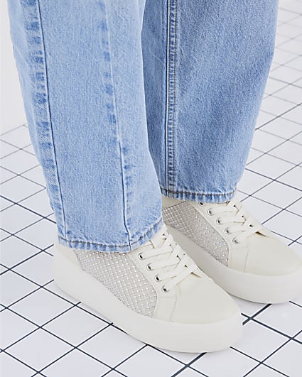 White Lace Up Diamante Platform Trainers