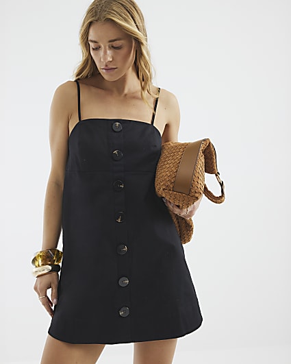 Black Sleeveless Button Down Mini Shift Dress