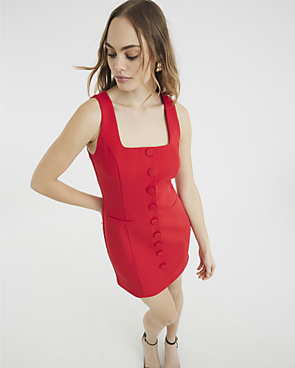 Red Square Neck Waistcoat Mini Dress