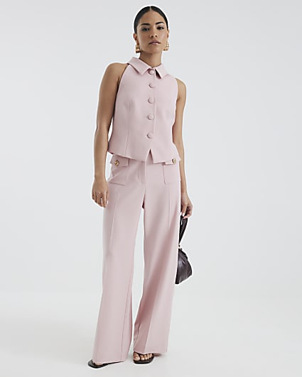 Petite Pink Button Front Straight Trousers