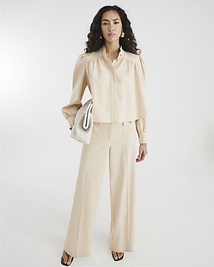 Petite Beige Button Front Straight Trousers