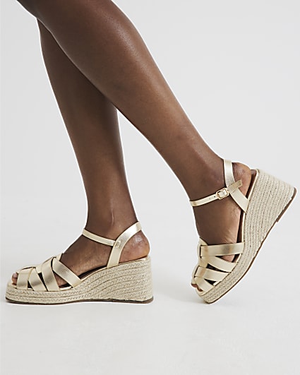 Gold Wide Fit Woven Wedge Sandals