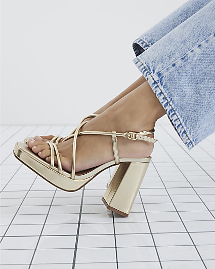 Gold Strappy Platform Block Heel Sandals