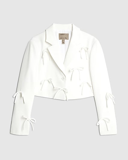 Petite White Bow Detail Cropped Blazer